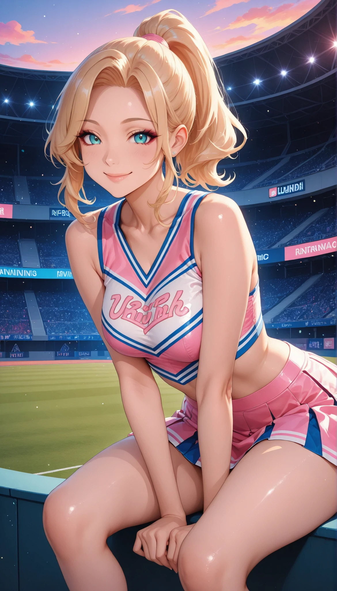 age girls, blond hair, ponytail hair, cheerleader, super sexy, sit, bending forward, opening, 4K, high resolution, ANIMATED, cute anime style, HDR, UHD, clear focus, physics-based rendering, extreme detail, vibrant colors, Bokeh, Twilight Sky, gradation, stadium, Energetic Movement, charming smile