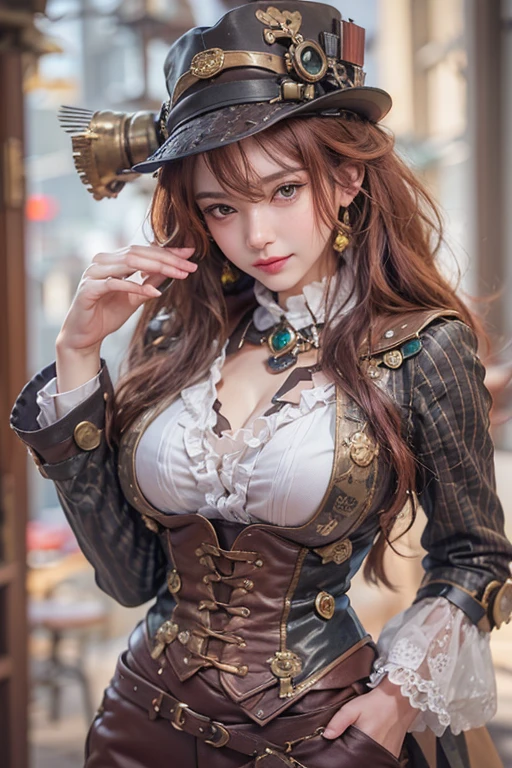 ((steampunk)), ((hyper-)), (8k, RAW photo, highest quality), (((fantasy))), (((sci-fi))), (((steampunk))) beautiful mature French woman, ash blonde hair, hat, fancy shirt, cleavage, medium breasts, jacket, in a Victorian library, 1890s style, ((steampunk costume)), (detailed eyes:0.8), (looking at the camera:1.4), (highest quality), (best shadow), intricate details, interior, darkened, light streaming through window, muted colors, (steampunk), hi-res photography, sci-fi