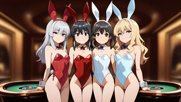 long hair, breasts, looking at viewer, blush, smile, short hair, open mouth, bangs, blue eyes, multiple girls, blonde hair, large breasts, brown hair, black hair, hair ornament, bow, ribbon, animal ears, cleavage, bare shoulders, medium breasts, closed mouth, standing, collarbone, tail, hair ribbon, ponytail, braid, white hair, :d, grey hair, pantyhose, sidelocks, thighs, cowboy shot, hairband, parted lips, shiny, cloud, hand up, bowtie, rabbit ears, :o, red bow, leotard, two side up, v-shaped eyebrows, wrist cuffs, hands up, bare arms, strapless, black bow, covered navel, detached collar, fake animal ears, 6+girls, one side up, highleg, arms behind back, thigh gap, playboy bunny, light brown hair, 5girls, hand on own chest, rabbit tail, red bowtie, black leotard, extra ears, highleg leotard, strapless leotard, arm behind back, contrapposto, white hairband, black bowtie, white leotard, fake tail, hands on own chest, red leotard, armpit crease, side-tie leotard