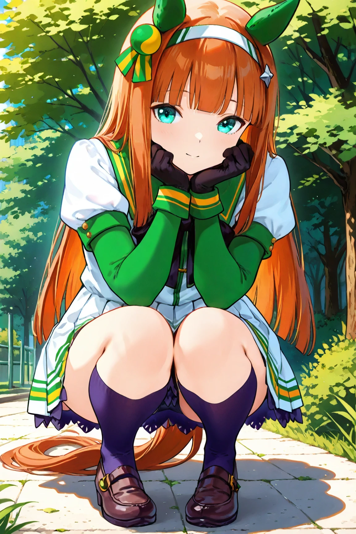 masterpiece, best quality, highres, aasuzuka, long hair, animal ears, ear covers, white hairband, horse tail, green sailor collar, black bow, white shirt, layered sleeves, green sleeves, black gloves, white skirt, black pantyhose, grass, wariza, sweat, shoes,((((nsfw,spread legs,vaginal,sex))))