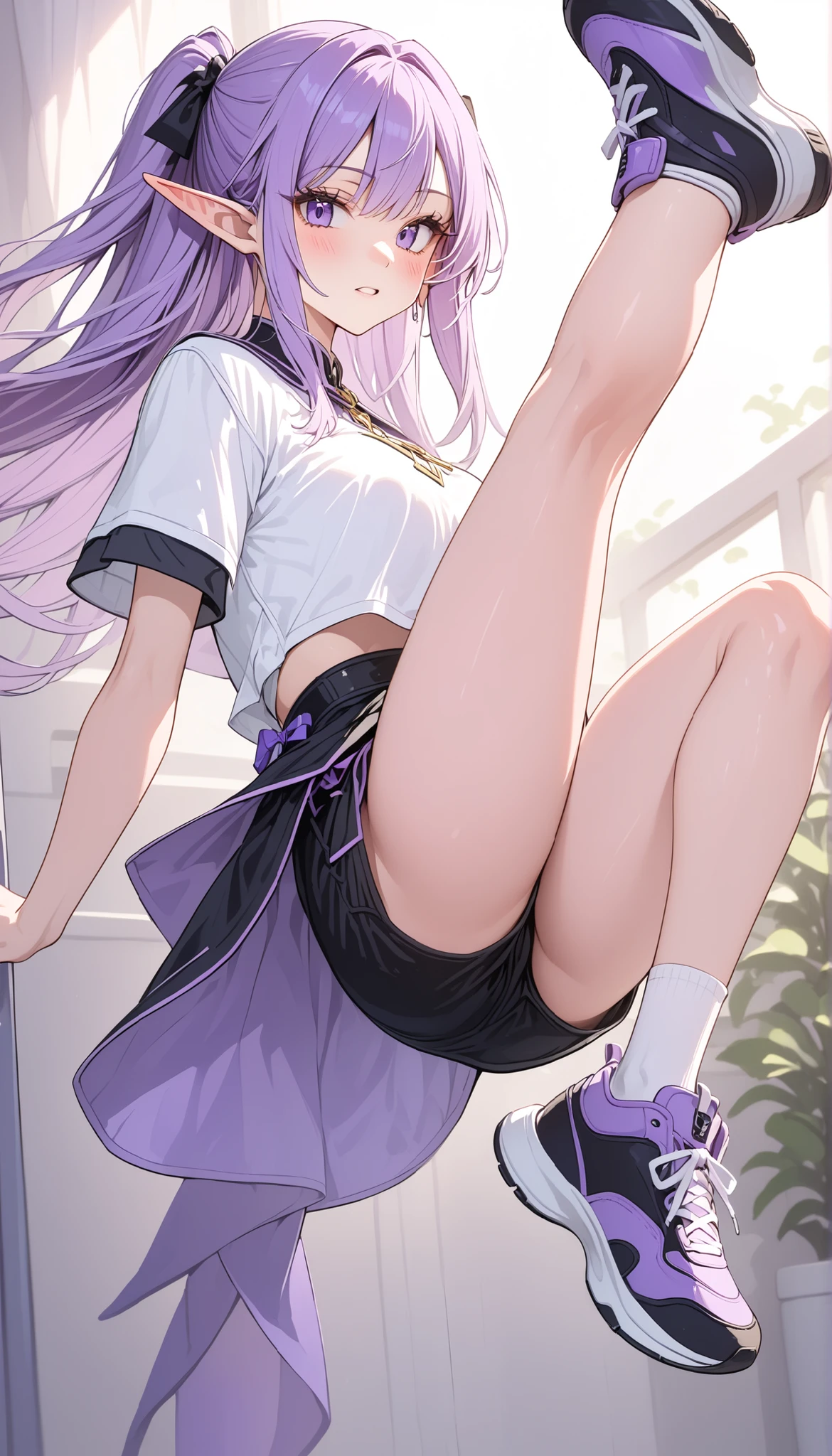 Female elf doing high kicks、lavender-colored hair