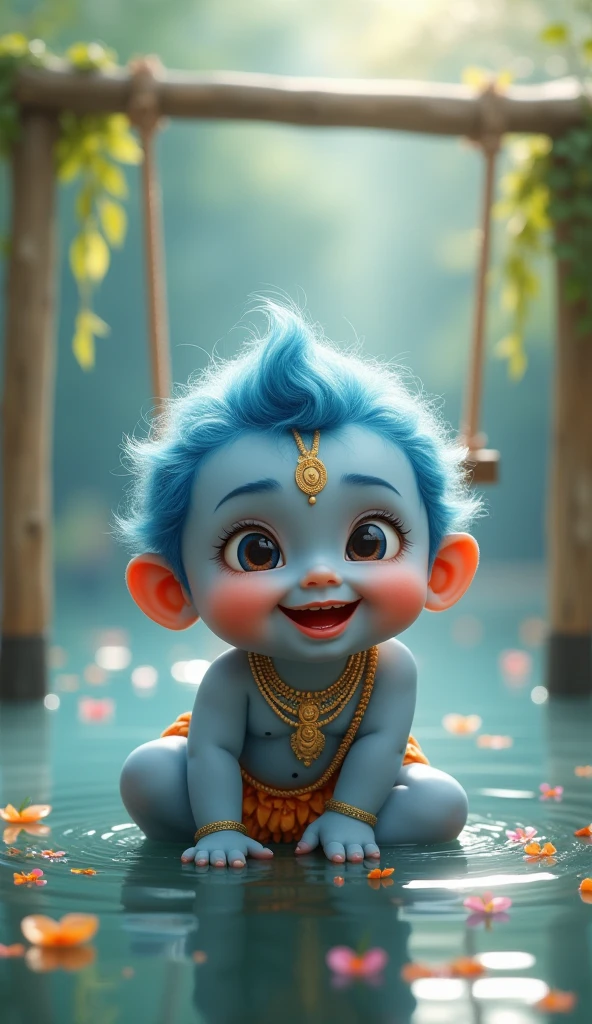 (photorealism:1.2), Create a 3D animated depiction of Lord Shiv Ji with a cute, youthful appearance. He should have a gentle smile, large expressive eyes, and a soft, friendly demeanor. His traditional attributes like the crescent moon on his head, the trident (Trishul), and the snake around his neck should be present but in a playful, stylized form. The image should be vibrant with a serene background, possibly featuring a calm river and mountains, capturing a peaceful and divine atmosphere."