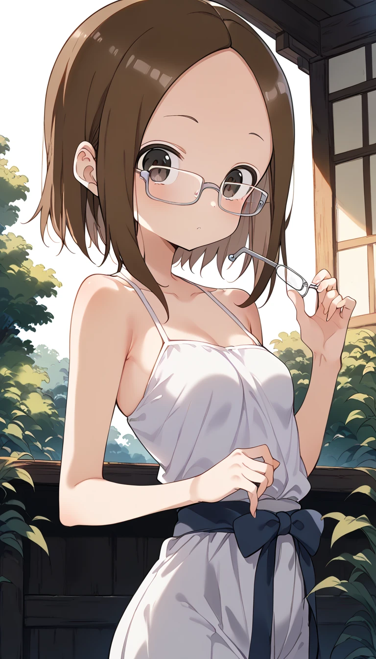 A Female robot is sleeping in forest, spread legs, nude, banzai pose. she wears no dress. She Brown short hair is tied with two big red clothespins, She lifts up the under hem of her white plain dress, leaning over, masterpiece, very short pigtails,brown hair, mature, android, blue eyes, full body figure, Height: 160cm, flushed cheeks, 2020s anime picture, A beautiful robot with short brown hair in two short pigtails held up by two very large huge red clothespins, Uplifting, No NSFW, whole body, barefoot, archaic smile, getting orgasm, 25 years old, sweat bucket. She wears metal flamed glasses.