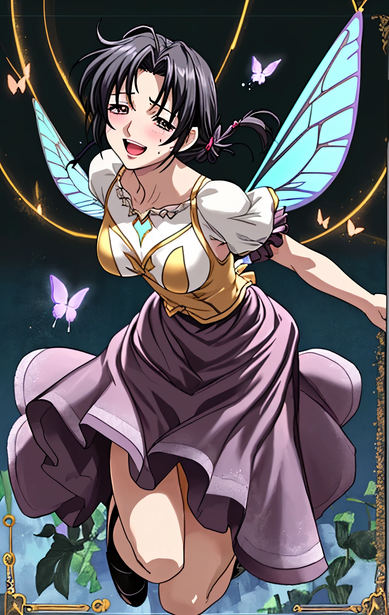 45 age 、mature woman、black hair、I have butterfly wings on my back、floating in the sky、Full Body Paintings of Fairies、Fairy Costumes、Hair tied up、Dark Eyes、My face is sweaty 、My arms and legs are sweaty、 Very Embarrassing Smile 、opens her mouth、Flip over a very short skirt、panties、Image viewed from the bottom of the front、Flower garden background、my heart is flying around my body a lot、