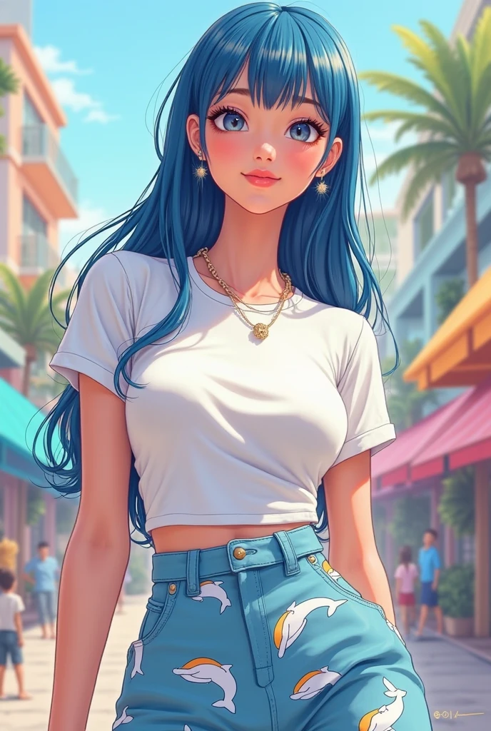 masterpiece, best quality, solo, 1girl, nessacasual, dark skin, makeup, smile, looking at viewer, standing, cabbie hat, blue shirt, off shoulder, white pants, hoop earrings, outdoors, city street <lora:pokemon_nessa_v2-000009:1>