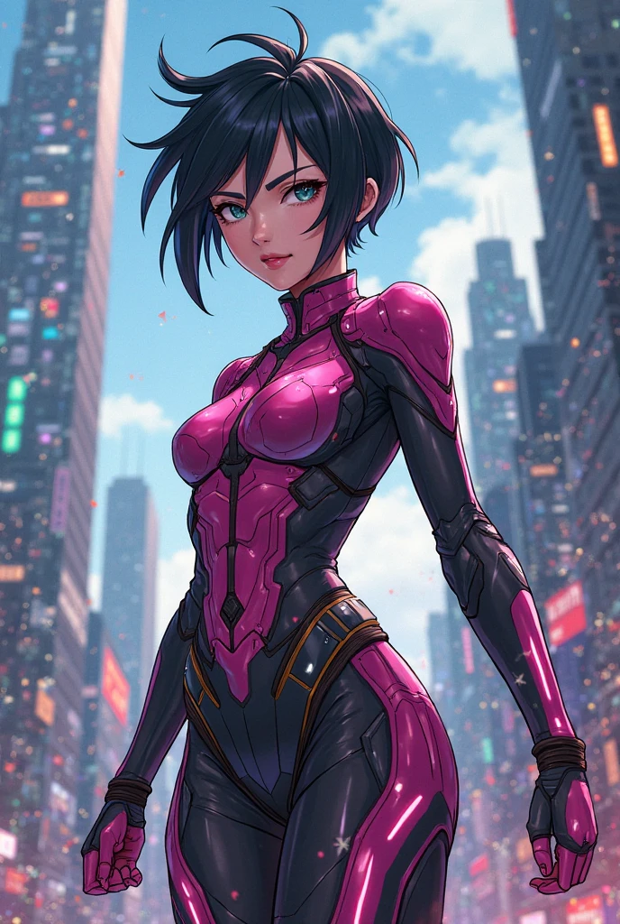 photo of mlp Meowko, RAW, beautiful woman, ((portrait)), ((detailed face:1.2)), ((anime face, anime facial feature, clear skin, glossy anime lips, clear skin), (short messy lesbian haircut, brunette: 1.55), (perfect proportioned body, Strong, muscular, narrow waist, narrow hips, skinny, massive breasts), (she is wearing a spider Gwen Stacy cosplay, Spider Gwen, spandex body suit, black white and pink, webs), flashing lights, brick walls, dark atmosphere, New York, rooftop, (realistic photo, best quality, detailed), (8k wallpaper), (cinematic lighting, beautiful light, (night:1.3)) (sharp focus, intricate)