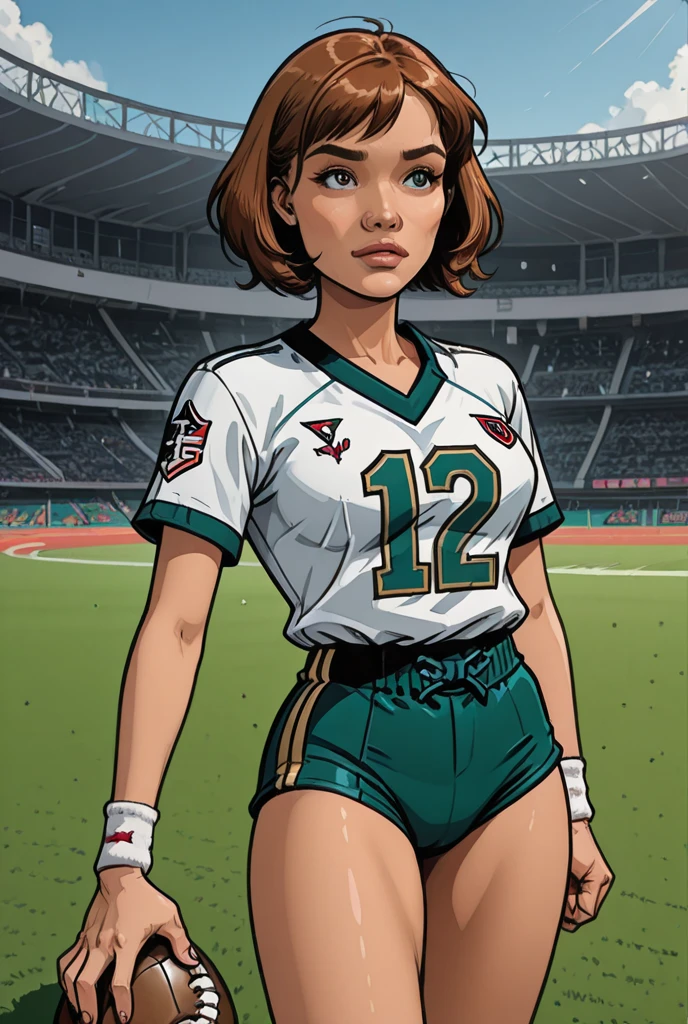 amber, woman, dark skin, black hair, necklace, green jacket, orange shirt, white pants, looking at viewer, smiling,
standing, outside, school field, football field, bleachers, blue sky, extreme detail, masterpiece, <lora:Amber_Invincible_v15:.6>