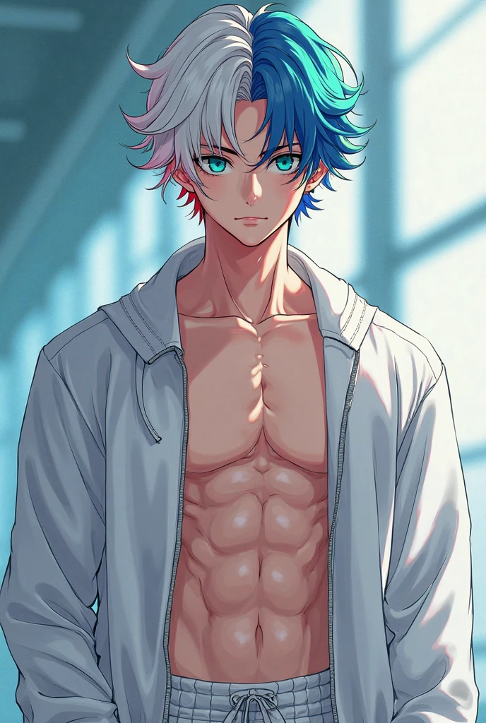 (masterpiece), (best quality), (ultra detailed),(disheed hair),(illustration), (1boy), (Fashionable clothing), standing, Fashion model, looking at viewer, (interview), (simple background), Beautiful detailed eyes, delicate beauty, floating, (high saturation), (colorful splash), colorful bubbles, (shine), focus on the face, white spiky hair, Garou, hero hunter, muscular frame, blushing face, yellow eyes, ripped clothing, exposed abs