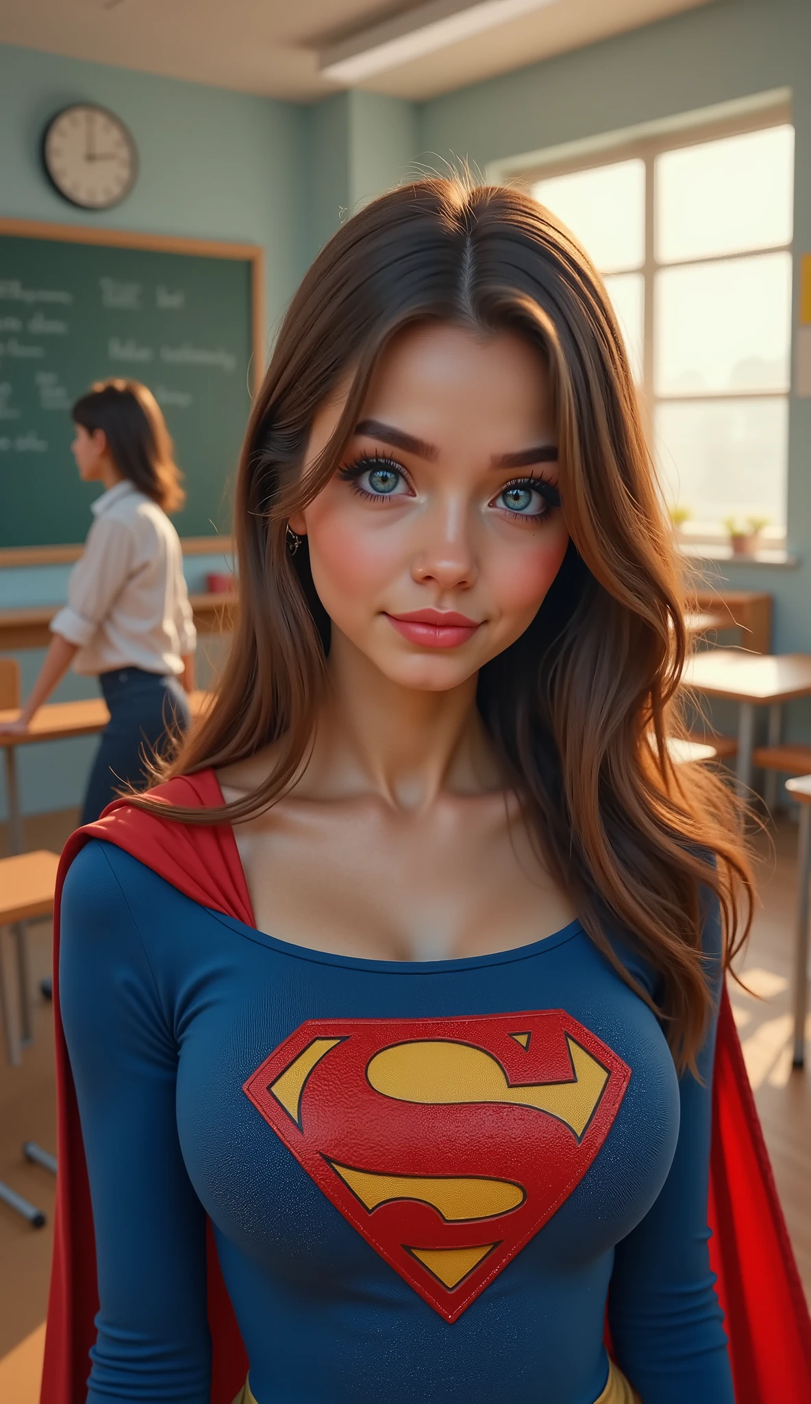 full view of a younger suculant female with beautfiull blue eyes wearing a supergirl costume and cape. (masterpiece, best_quality:1.2), 1girl, solo, cute, huge_breasts:1.4, school_girl_outfit:1.5, detailed eyes, detailed lips, long eyelashes, beautiful, elegant, serene expression, intricate details, photorealistic, studio lighting, vivid colors, realistic, warm lighting, cinematic, detailed background, class_room:1.3. SHE IS THE SHY CUTE SUPERGIRL YOU WILL EVER SEE.