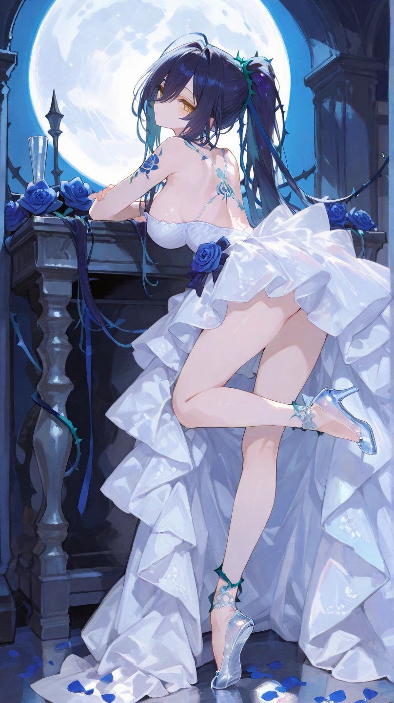 ((masterpiece:1.4,best quality)),(Super detailed),(Extremely detailed eyes),(Shiny socks:1.5),Hello Darkness
(Cute girls),15 years old,(Blood-red pupils,Diamond-shaped pupil:1.15),Purple Eyeshadow,(elongated hair,Thick hair,Single ponytail,shiny hair:1.5)(Changes through:1.2),despair,sad,Empty eyes,tears streaming down my face,tilting its head to the side,
(She wore a blue dress,:1.5),(Black gloves:1.4)Very long plush sleeves,White,White Cloud,Dream bubbles ,Ice and glitter effects
(Black long skirt:1.1),
((Starry Sky:1.2)),
(Intense black and white:1.16),(Depth of Field:1.4),,Intricate details,(((Detailed background,Castle in the Sky,Purple flowers by the lake))),(((Huge breasts,Bare breasts,Deep cleavage,White stiletto high heels,Transparent clothes)))