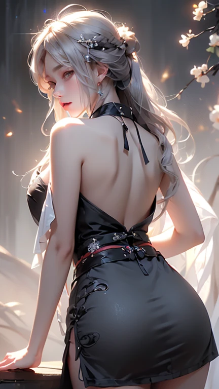 from behind,backwards,(leather boots,asymmetrical armor,(long embroidered white lace dress,see through,lift up the hem of the dress),silver hair,(ebony skin:1.2),(Thin type:1.8),(big breasts),(random hairstyle),(Highest image quality,(8k),ultra-realistic,best quality, high quality, high definition, high quality texture,high detail,beautiful detailed,fine detailed,extremely detailed cg,detailed texture,a realistic representation of the face,masterpiece,Sense of presence)