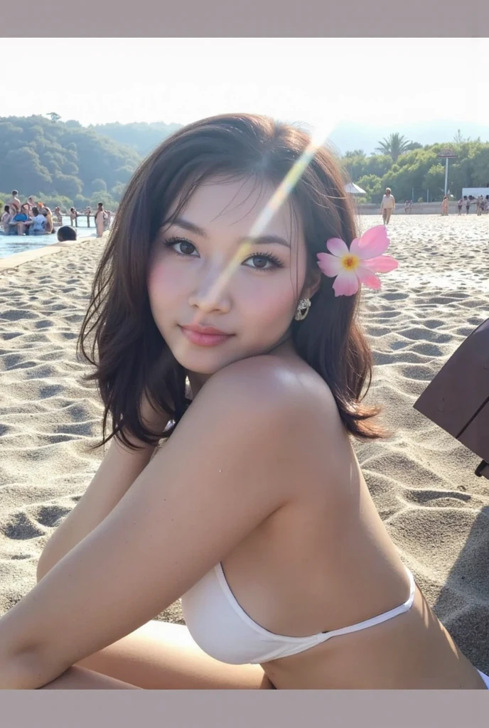 (8K、top-quality、​masterpiece:1.2)、(reallistic、フォトreallistic:1.37)、The ultra-detailliert、superrealism、(One woman on a spaceship)、157cm、tre anatomically correct、Looking at the camera、cute little、独奏、(Redness of the nose)、(A smile:1.15)、beautidful eyes、(long:1.2)、Floating hair、Brown hair、NovaFrogStyle、Brown hair、(((((Beautiful body)))))cyberpunked、(((((beautiful ocean)))))、(((small area small white lace panties)))、(((Very small panties)))、(((((Brazilian Bikini)))))、(((((Inter-strands)))))、(cleavage of the breast)、(((((Eros)))))、(((((Palm trees)))))