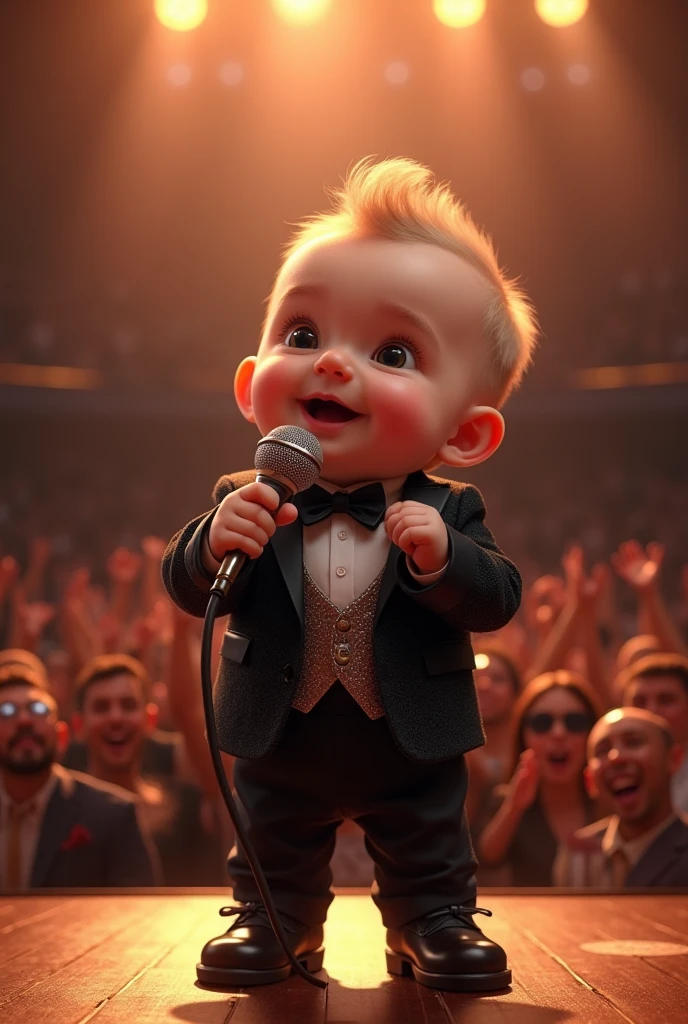 A newborn baby dressed as a real orchestra player, and behind him are newborn babies playing flutes, violins and drums inside a large hall, just like in real life.