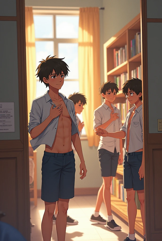 15year old , Shota, schools,Classroom two shirtless children at school with sweatpants lying on the floor