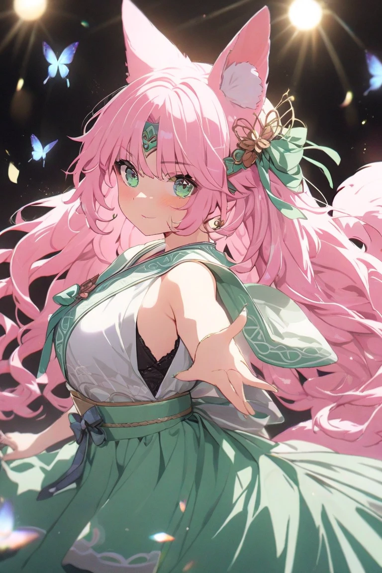 absurdres, highres, ultra detailed, HDR, master piece, best quality, extremely detailed, Kanroji Mitsuri, pink hair, expressive green eyes, mole under the eyes, Kimetsu No Yaiba, solo, woman, beautiful, smile, demon slayer uniform, snowing the ?????, green skirt, fantasy, water, sparkling, pink glittering fireflies, pink moon, pink blossoms, pink chrysanthemums, pink sparkling lights, starry sky, magical