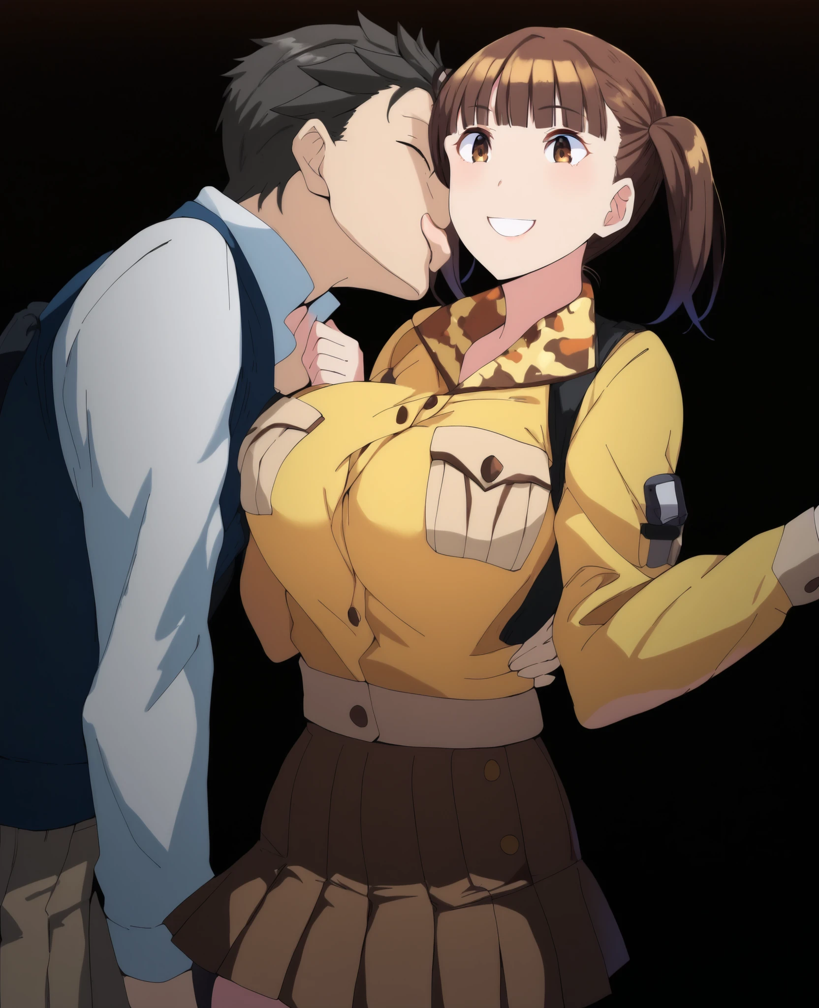 1girl and 1boy, solo, twintails, skirt, brown hair, smile, brown eyes, bangs, uniform, long sleeves pleated skirt,thick thighs, large breasts, Natsuki Mamiya and subaru_natsuki, black hair, brown eyes, short hair, kiss up love,