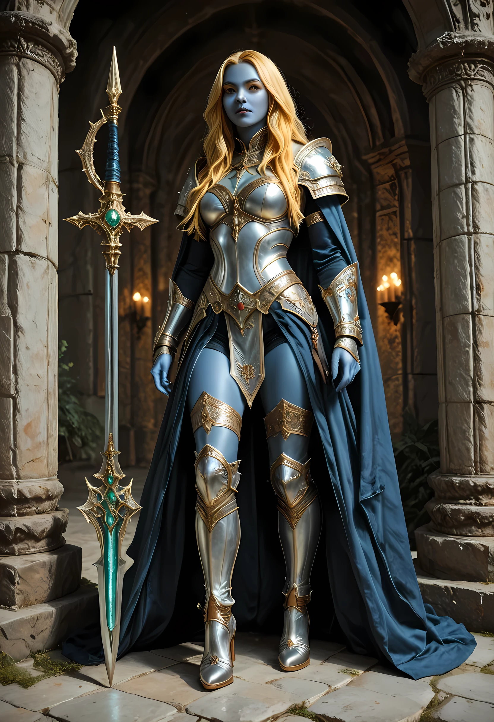 portrait of a female cleric ((dark blue skin)), intense details facial details, exquisite beauty, cleric, ((dark blue skin)) female, ((yellow hair)), long hair, (((no ears))), (green eyes)), armed with a fiery sword red fire, wearing (twilight priestly combat vestments), wearing white armor, wearing high heeled laced boots, wearing white armor, wearing an (orange cloak:1.3), wearing glowing holy symbol, fantasy art, dnd art, RPG art, wide shot, (masterpiece: 1.4) intense details, highly detailed, photorealistic, best quality, highres, within fantasy temple background, reflection light, high details, best quality, 16k, [ultra detailed], masterpiece, best quality, (extremely detailed), close up, ultra wide shot, photorealistic, RAW, fantasy art, dnd art, fantasy art, realistic art,((best quality: 1.5)), ((masterpiece: 1.5)), (detailed), perfect face, strapless, lace up stilettos, fantasy, Fantasy background, G0thicL1nes
