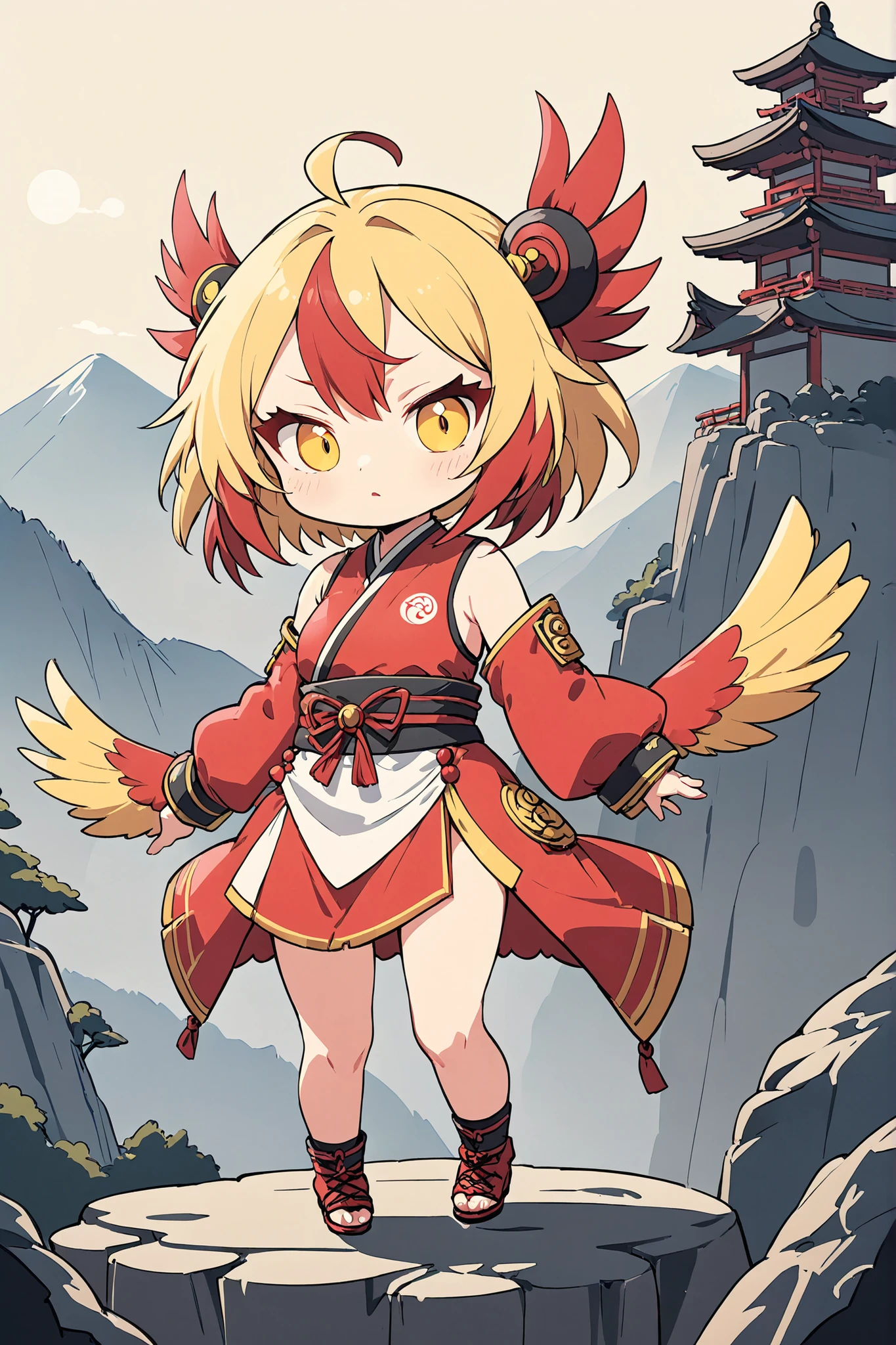 (masterpiece:1.2),(Max Video Quality),(top quality),(breathtaking work),(ridiculously absurd:1.2),flat design、deformed、Tengu girl、tengu costume 、Tengu living in the mountains、yellow porn、slant eyes、Tight hairstyle、hair color with white and red gradation