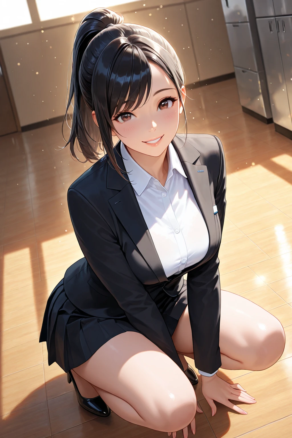 1girl, five fingers, mini Skirt, looking down at viewer, twintails, best quality, thigh focus, dynamic pose, smile, blazer, blouse, black pantyhose, panties under pantyhose, standing split, classroom, black hair, stylish pose,