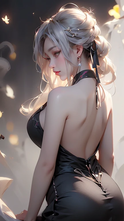 1 girl,standing posture,(( Backless Wedding Dress, see-through)), outdoor,elegant,nighttime,moonlighe,shiny skin,( huge breasts:1.1), lip gloss,( tattoos:1.3), masterpiece, best quality, realistic ,Surrealism,,Rich artistic colors, 8K,soft shadows,Portrait art,solo, elise,