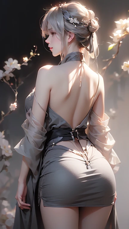 (masterpiece, best quality, glowing light, glistening, shiny skin, ultra detailed, detailed background, complex background),(perfect face, detailed face, detailed eyes,perfect hands,perfect fingers), (large :1.2,smile),(mature female:1.4),cowboy shot,thicc,(ass, from behind, ass focus),2b, short hair,((gradient hair)), mascara, (fashion make up), parted lips, hairband, thighhighs, black hairband, mole under mouth, puffy sleeves, long sleeves, blindfold, black thighhighs, black blindfold, juliet sleeves, thighs, leotard, boots, feather-trimmed sleeves,((bent back)),((park, fountain, leaves in the air, wall, autumn, trees)),((super detailed background)), dynamic poses, ((8k wallpaper)) 