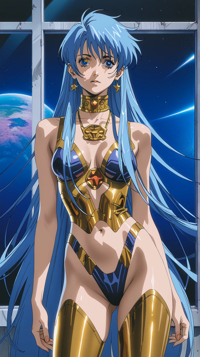 A beautiful girl with long blue hair and piercing blue eyes, wearing intricate gold armor, standing in a dark fantasy movie scene, 8k, hyper detailed, cinematic lighting, 80s anime style, elegant, dramatic, masterpiece