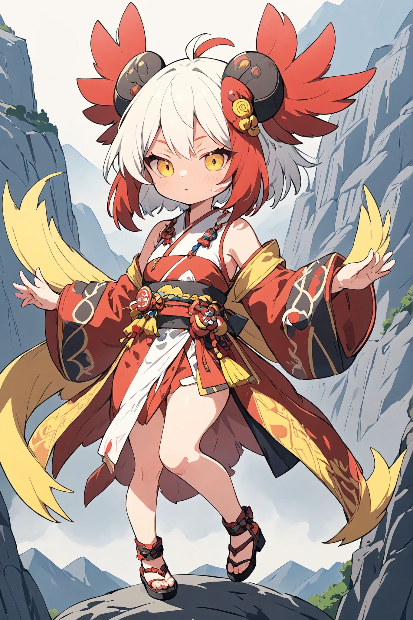 (masterpiece:1.2),(Max Video Quality),(top quality),(breathtaking work),(ridiculously absurd:1.2),flat design、deformed、tengu mask、tengu-geta、Tengu girl、tengu costume 、Tengu living in the mountains、yellow porn、slant eyes、Tight hairstyle、hair color with white and red gradation、boyish girl
