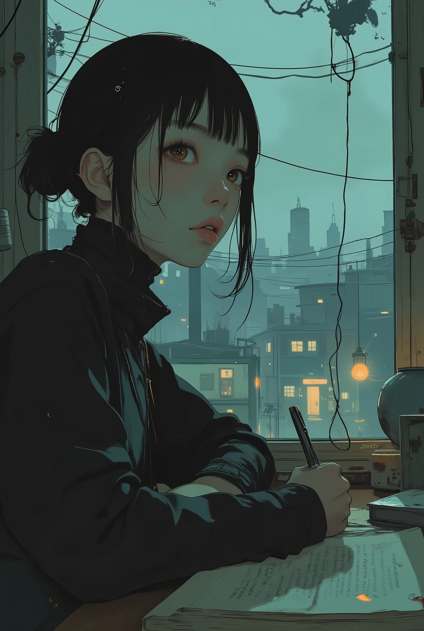 anime, person sitting at a desk with a book and pen, 9 0 s anime aesthetic, anime inspiration, [ is forgetful ], in an anime, anime aesthetic, lain Serial Experiments, style in ghibli anime,  Studio Ghibli like aesthetics , Never Erased, From Akira ( 1 9 8 8 ) style,  styleでジブリアニメstyle , anime asthetic, Serial Experiments Lain