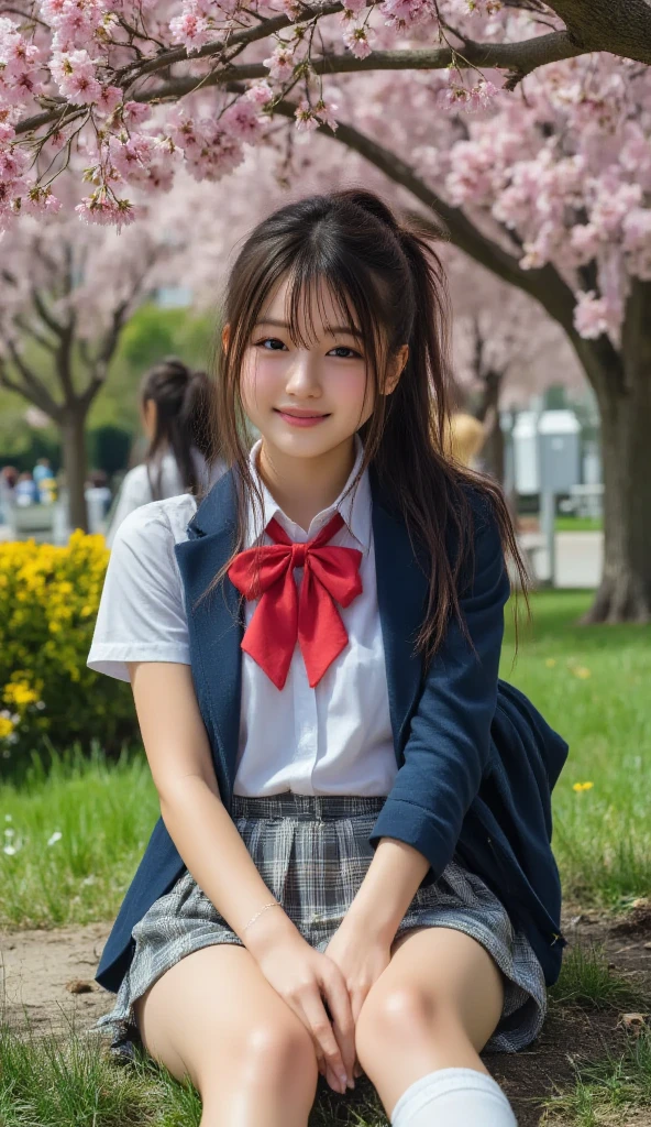  ((masterpiece)), ((Highest quality)), (Super Get used to it), ((cute)), cute, ((y)), (Get used to it), ((very Get used to it)), 4K, (8k), Highest quality, (beautiful), hyper cute face,hyper Genuineistic, Genuine, (((From below))), (whole body), close, Thick outline, Clear contours, ((A park bench in the daytime when cherry blossoms are in full bloom)), (1 girl, cute girl:1.5), (Schoolgirl uniform :1.5), beautiful light brown hair, beautiful brown eyes, ((beautiful eyes)), (sitting on a park bench, Looking up at the cherry blossoms, mini skirt:1.3), short hair, Bigmile