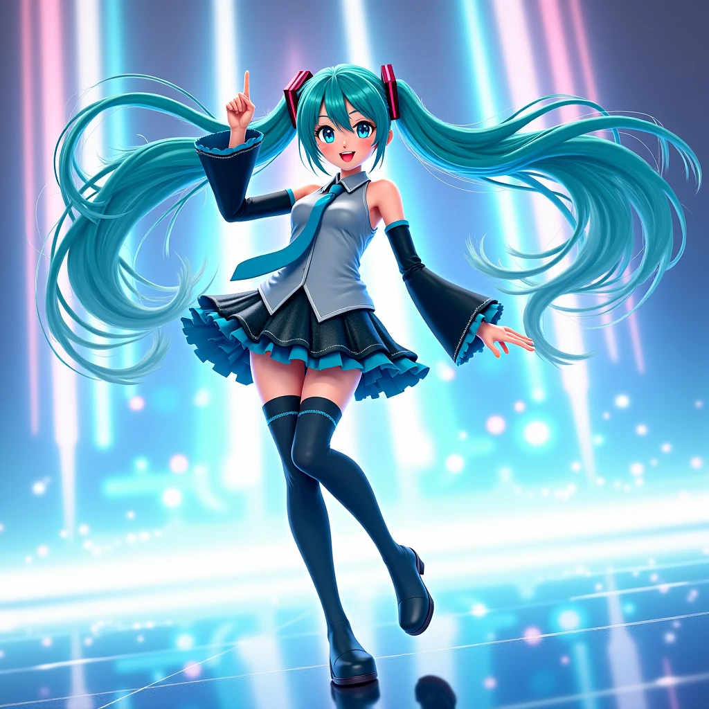 ((Emphasis on the use of CG))、((Emphasis on the shape and three-dimensionality of Hatsune Miku on the beautiful white stage: 1.2))、((Overwhelming performances on stage and flurries of confetti、Emphasis on vivid realism of Hatsune Miku on the live stage: 1.2))、((「3ds Max」Emphasis on the use of software: 1.2))、((「tyFlow」Emphasis on the use of various plugins such as: 1.2))、((To achieve beautiful visual expression、3ds MaxでライブステージのRealな表現やエフェクトを重視: 1.2))、((3ds MaxでライブステージのRealな表現やエフェクトを重視: 1.2))、((人間のcolor気や感情表現を重視、(((Emphasis on Hatsune Miku standing on a white stage: 1.4)))、Delicate depictions of landscapes: 1.2))、((Emphasis on CG animation:1.2))、((Emphasis on excellent expressiveness to portray Hatsune Miku's natural environment on stage:1.2))、((Emphasis on live depth:1.2))、((texture、size、color、Shadow and Light))、color収差、Depth of written boundary、Soft Lighting、masterpiece、Highest quality、complicated、Tone Map、Very detailed、Art Station、Concept Art、Smooth、Sharp Focus、Dramatic lighting、Very detailedなアートワーク、Cinematic、surrealistic painting、Art Stationでトレンド、8k、Incredible Shadows、Real、(Very detailedな背景:1.0)、((Emphasis on overwhelmingly brilliant live performances:1.4))、((ライブステージでマイクを持って歌う女の子のVery detailedなポートレートの重視:1.4))、((ネオンとササイバーpunkな背景:1.4)、((サイバーpunkな髪:1.4)、 ((Ankle-length twin tails: 1.4)、((Black headset: 1.4)、((Costume: Sleeveless collared top with tie: 1.4)、((Low heel thigh high boots and mini skirt: 1.4)、((Black base and blue-green light sign: 1.4)、((On the upper left arm「01」Red tattoo: 1.4)、細かく照らされた青緑colorの目と目立つ瞳孔、smile、punk、サイバーpunk、Backlight