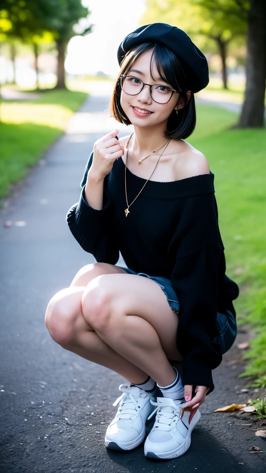Rimless beige colored beret:(1.5), fluffy beige colored sweater:(1.45), Brown colored Flared Mini Skirt:(1.4), white colored high socks:(1.35), black-rimmed glasses:(1.3), White colored shoulder bag slung over the shoulder:(1.4), Strong summer sunlight :(1.35), full body shot:(1.5), Japanese woman:(1.5), 18 years old:(1.25), Short bob cut hairstyle:(1.45), glossy black hair:(1.3), (Clear Dark Eyes), light in the eyes, white colored sneakers with spines on one ear:(1.3), petite body, Shooting down to the toes:(1.5), Cute smile like an idol:(1.35), round face:(1.15), light makeup:(1.35), Baby Face:(1.45), Face drawn precisely:(1.4), Fingers drawn precisely:(1.4), Modest breasts:(1.35), Standing on the river-bank:(1.4), RAW photos (1.3), masterpiece:(1.2), Max Video Quality:(1.3), 16k:(1.4), ultra-high image quality of processing:(1.35), reality:(1.5), fine eyes and face :(1.3), professional photography techniques, Detailed hand:(1.2), beautiful hair fluttering in the wind:(1.2), simple necklace:(1.1), earrings:(1.1)