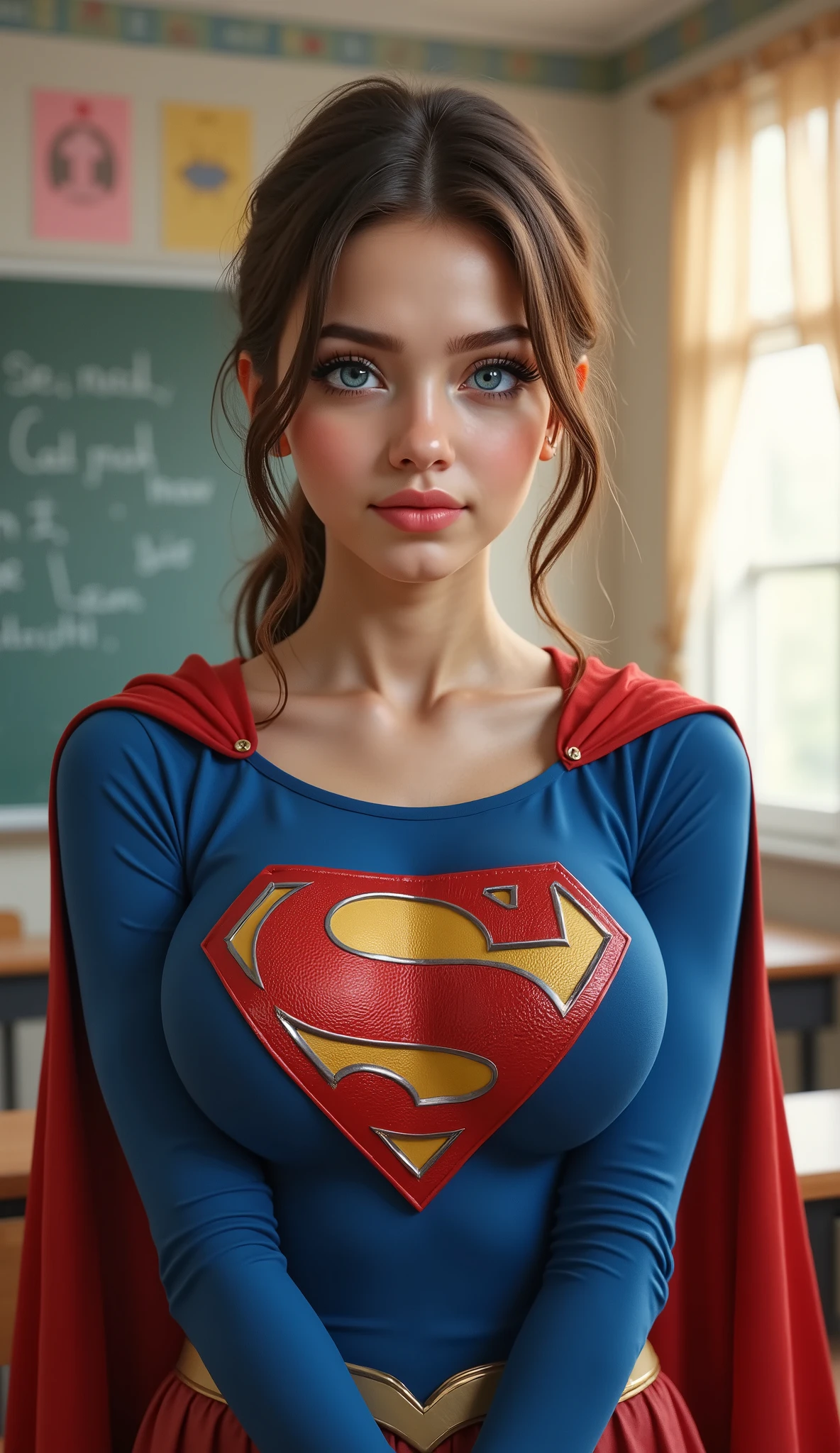 full view of a younger suculant female with beautfiull blue eyes wearing a supergirl costume and cape. (masterpiece, best_quality:1.2), 1girl, solo, cute, huge_breasts:1.4, school_girl_outfit:1.5, detailed eyes, detailed lips, long eyelashes, beautiful, elegant, serene expression, intricate details, photorealistic, studio lighting, vivid colors, realistic, warm lighting, cinematic, detailed background, class_room:1.3. SHE IS THE SHY CUTE SUPERGIRL YOU WILL EVER SEE.