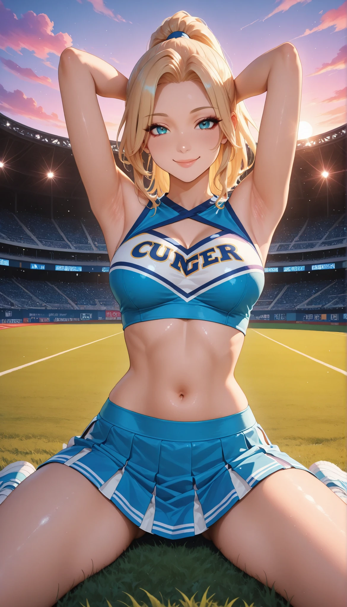 Anime, cheerleader, Finnish girl, medium large breasts, tight outfit, perfect breasts, perfect butt, cute face, detailed blue eyes, sexy cheerleader outfit, outside, grassy, detailed, animated, fictional animation, inviting smile, butt cheeks, make up, eye liner, pony tails, choker necklace, earrings, jumping into the air
