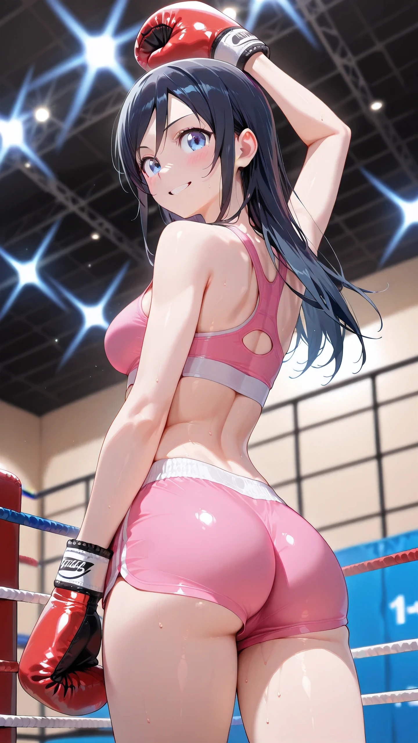 top-quality、extremely delicate and beautiful、Soio、Soio、Idol、8-year-old little girl、japanes、Lori、Chiquita、elementary student、A dark-haired、((Pink leotard))、(highleg)、Wrestling mat、is standing、Facing backwards、s ass、all-fours