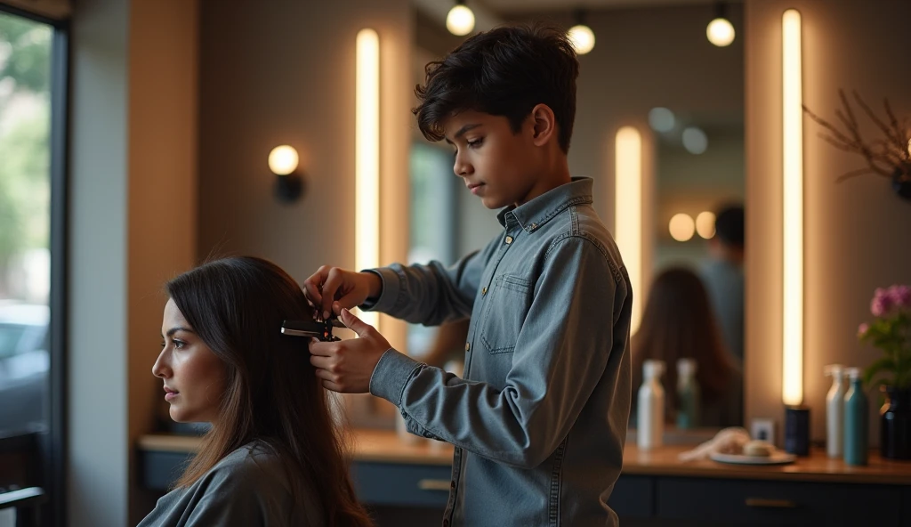 Long black hair Women getting hair cut by boy with scissors
