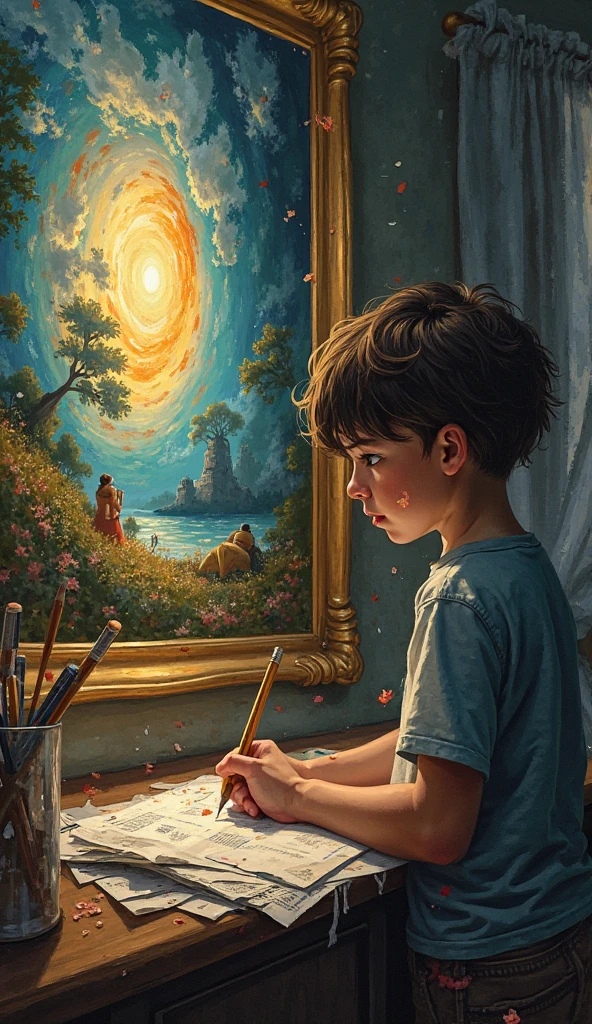 A child in the center making art on a kindle, with a colorful background, textless book cover, center, fantasy