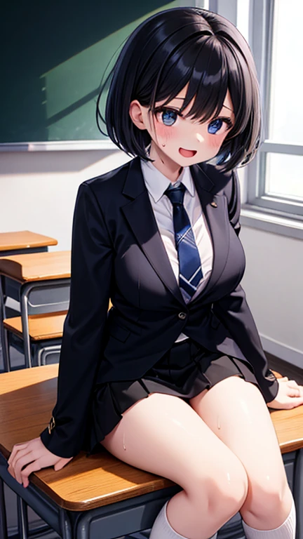 ((Masterpiece, best quality, high quality)), very detailed CG uniform 8k wallpaper, very detailed, very detailed background, classroom, windows, sunlight, detailed eyes, sunlight, shiny hair, shiny skin, ((1boy)), high school, black hair, black eyes, ((depressed)), cold expression, gloomy, white shirt, blue vest, tie, sitting at the desk