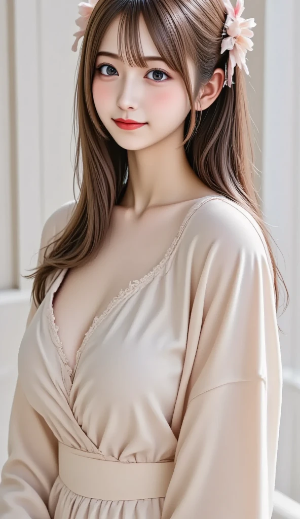(8k), (highest quality: 1.2), (Realistic), (Realistic: 1.37), Ultra-high resolution, 1 girl, Head to knee photo、cute, smile, Mouth closed, Beautiful details, Beautiful Nose, whole body, Wet Hair, Giant Dulcefo, pork, , (Large Breasts)、Saggy breasts、Soft Breasts、Overflowing breasts、White blouse and greyish knit cardigan、隠しきれないLarge Breasts、Voluptuous thighs、Odd Eye、Heterochromia iridis