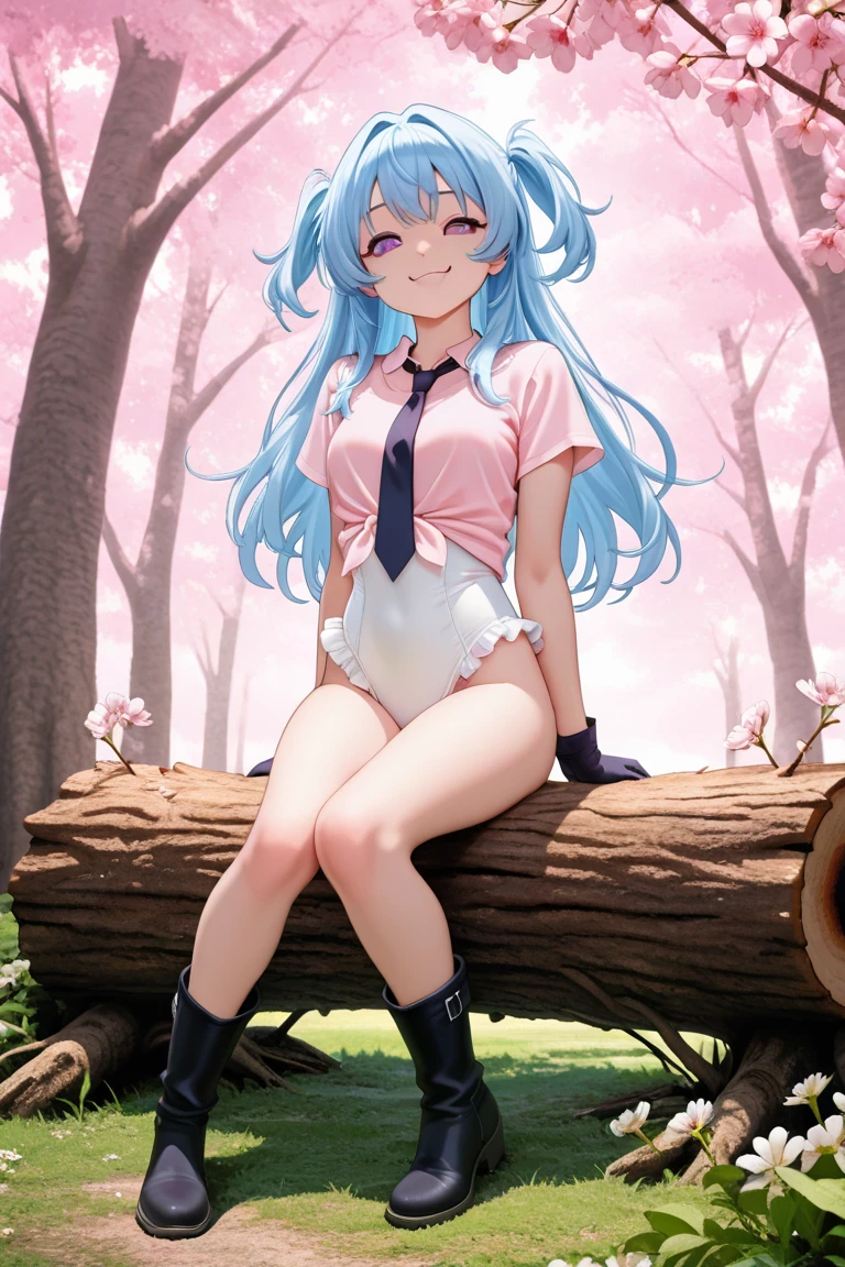 masterpiece,best quality,highres,ultra-detailed,solo,full body,1girl,medium_breasts,long hair,light blue hair,sitting,outdoors,garden,cherry blossom,trees,sailor collar,leotard,bow,