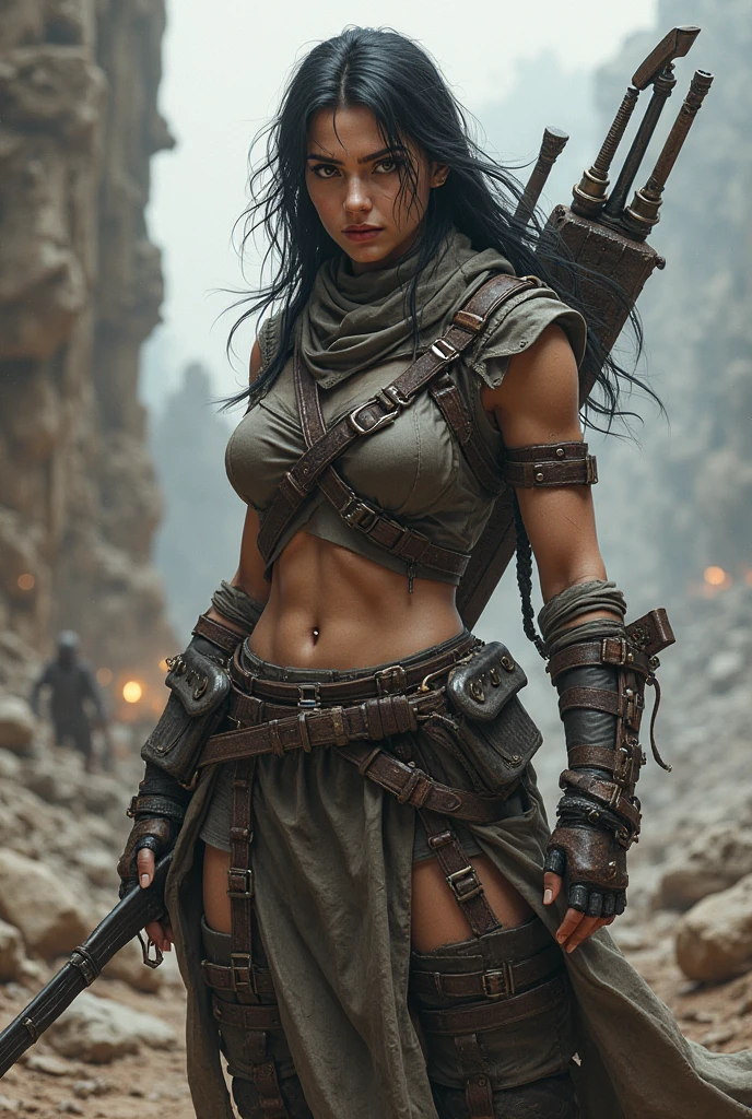 Medium-chested warrior woman in the ruins