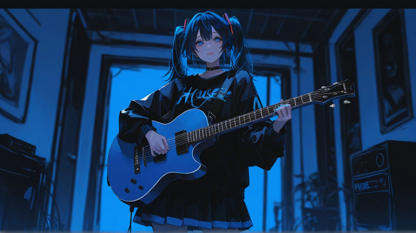 Holding a guitar、1girl in, grey eyes, Long Aqua Hair, Cross-eyed、Stranger、View other people、Blunt bangs、Sitting,hand between legs,maid, Glasses, over-kneehighs,Ahegao , Silly,Sexual ecstasy,Drunken eyes,Blunt bangs, Black hair, (finely detailed beautiful eye: 1.2), (Detailed background,Dark Fantasy)