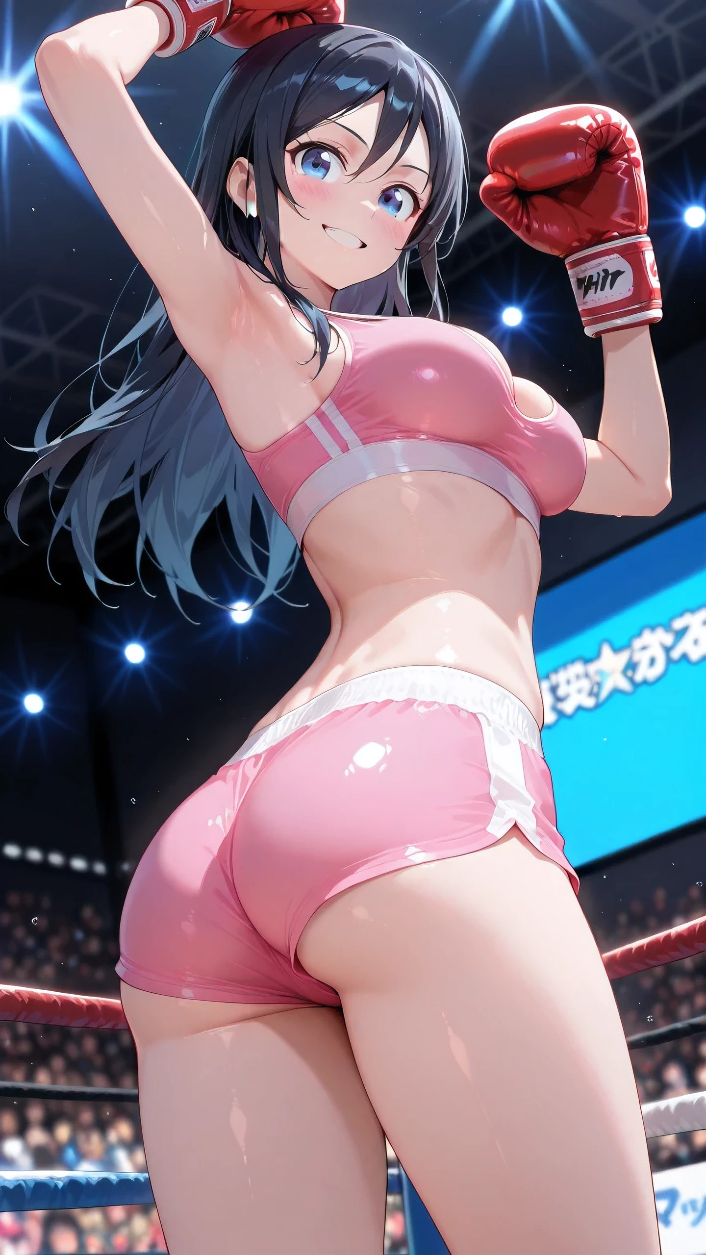 ayase aragaki, long hair, blue eyes, black hair, solo, Detailed eyes, pink sports bra, pink sports very short spats, boxing gloves, thigh, cleavage, slim long legs, medium breast, grinning, looking at viewer, Detailed eyes, Detailed face, (cowboy shot, from behind_below), (arm up), boxing ring, spectator seats, spot lights, depth of field, (High quality, Ultra detailed, best quality, insanely detailed, beautiful, masterpiece),