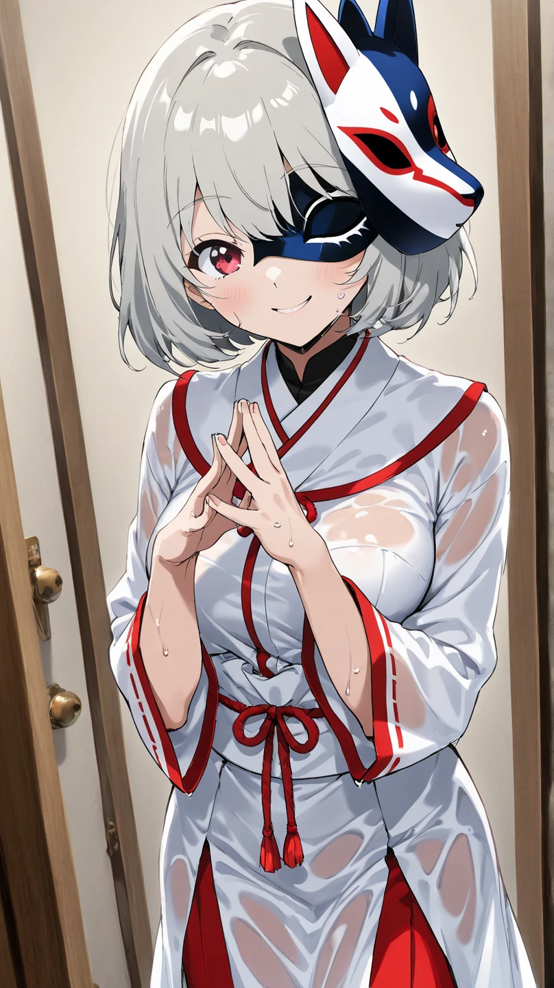 Best quality, Super detailed illustration, Warm colors, perfect lighting, (boy:1.6), (the blue skin:1,6) , short tousled thick hair ,Jiangshi clothing, long sleeves, long skirt with leg cutout on the sides, open legs, Tight-fitting clothing, Guanli hat ,smug smile, Happy , a femboy, small waist, wide hips, slim, Perfect body, full length, black and lilac color of clothes big butt,