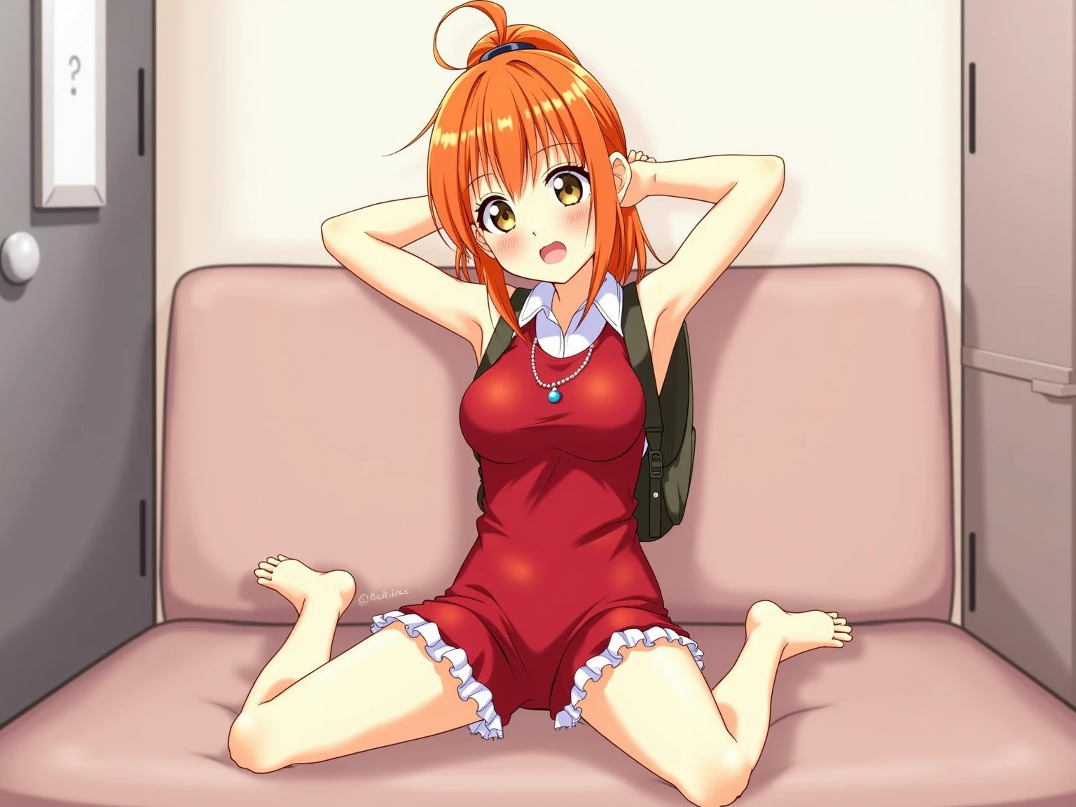 NSFW , takamachi nanoha , Lyrical Nanoha , (((Hi-res official art))) , (((Anime Pin-Up))) , (((1 girl))) , (((alone))) , brown hair , twin tails , white ribbon , (((sleep on your back))), (((spread your legs))) , (((Bedroom)))