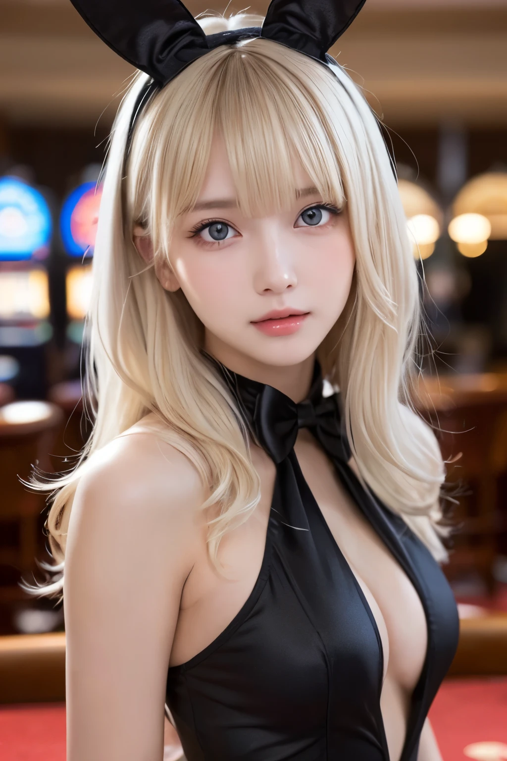 in casino, Any posture, (极其精致beautiful作品), (masterpiece), 1 Girl, girl in silver dress, Very detailed, waist leaking, Ponytail Transformation, charming的外表;;, Beautiful clear eyes, green eye pupils, Exquisite necklace, Delicate earrings, Angel ears, Simple blur background, Very detailed explanation., beautiful, charming, Super Fine, Delicate face, Delicate figure, Thin clavicle, beautiful嘴唇, beautiful breasts, Soft back, Mix 4, (10, original photo, best quality, masterpiece: 1.2), (Practical, Realistic Portraits: 1.37), 1 girl, Kawaii, Professional lighting, Photon Mapping, Radiosity, Physically Based Rendering, (quite difficult 1.1), (Saw the head of the dress..: 1.4), White skin(Random Background,in casino,Casino VIP room, Modern Casino Console, Modern slot machines ), in casino