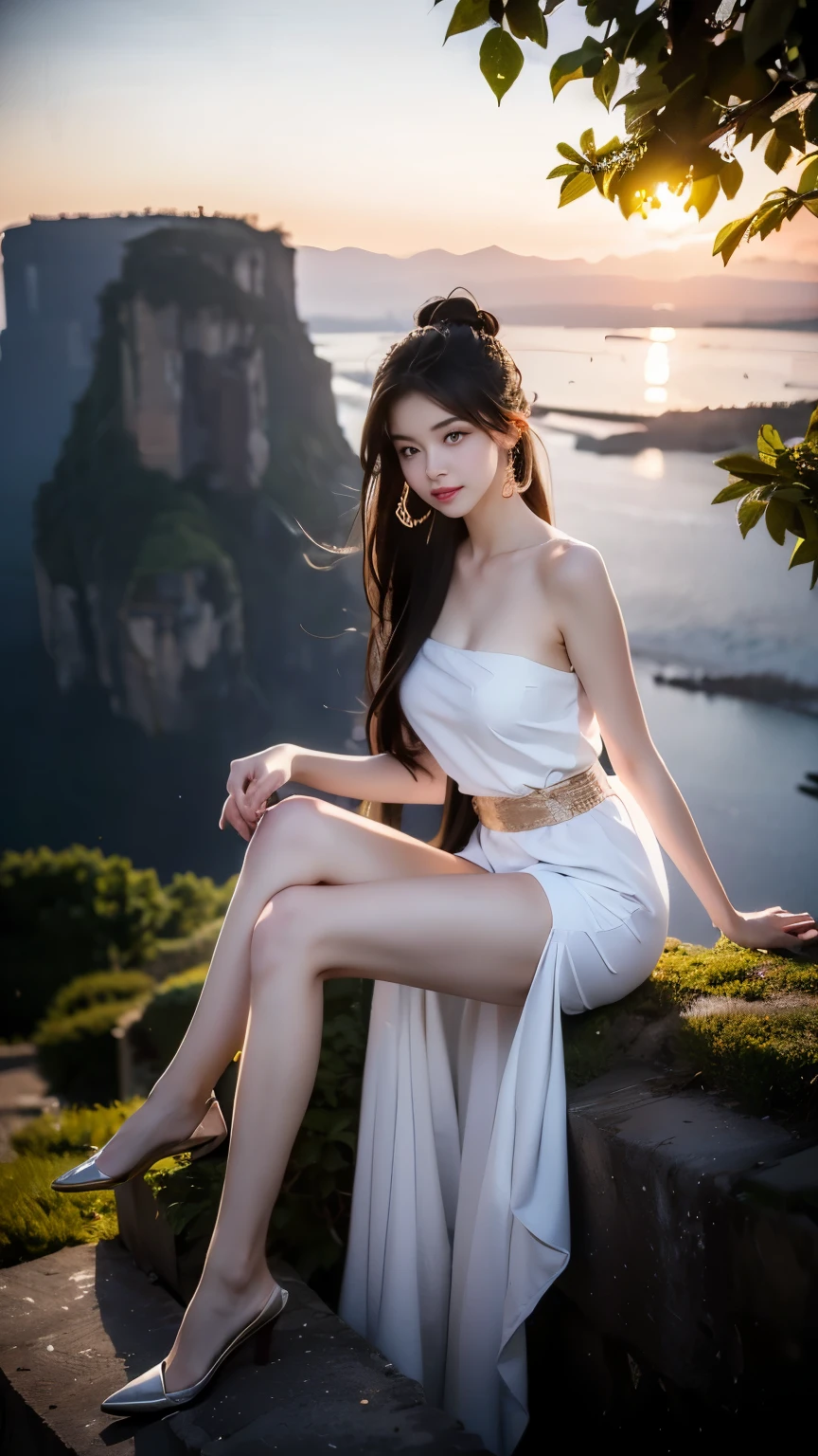 (masterpiece, best quality:1.2), 1girl, solo, ((gufeng,bare shoulders)), at the hilltop,Moonlight,((night)), ((full body)), ((from below)), ((sitting position, sitting at the edge of a cliff)), figure of heroine,Slender sexy legs,very beautiful legs,Leaking sexy legs,Big breasts,beauty, mystery。脸庞beauty精致,Otherworldly beauty。The bridge of the nose is straight,Lip color like cherry,Confident and calm。face chiseled,Skin as fair as jade,Makeup is light and delicate,Show her temperament and charm。Light foundation, Transparency of skin,perfect eyebrow shape,eye makeup,eye shadow,Eyeliner,Eyes are brighter and more energetic。涂上grace的口红,Charm and sophistication。衣服grace别致,Clothes flutter,Blown up by the wind,drifting into the distance。grace,Swinging action。Hair tied haphazardly behind the head,Secure it with a hosta,Strands of hair flutter gently in the wind,一道beauty的风景线,Attract attention。beauty、grace、mystery