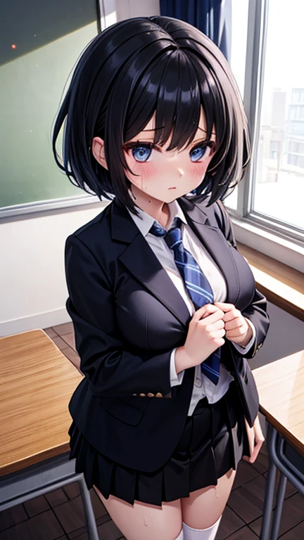 (Unity 8K Wall Pace),(Highest quality),(High resolution),(Very detailed),(Perfect Anatomy),(Beautiful attention to detail),(Very detailedベニス),(masterpiece, Highest quality), Browsing Caution,(1man,1girl), BREAK Japan,Girl,,(Not cute),((scared:1.8)),Black Hair,(pixie cut),short hear,,Japanese ,Navy Blue Blazer,Pleated skirt,White socks,Sit in front of the audience,Staring at the audience,(hand job:1.5),Grab your penis, BREAK Small penis,(Viewer's penis),Realistic penis