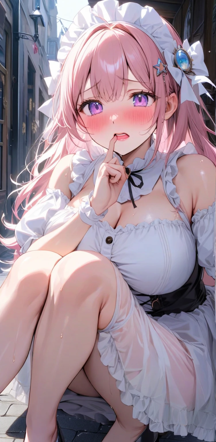 one-girl,Full body in camera,full bodyesbian,C cup,(tmasterpiece),(best qualtiy),(A pink-haired,long whitr hair:2,White flower decoration,White hairpin),(black pantyhoses,lacepantyhose,stocklings,Full body pantyhose),(Black bandeau cheongsam,Silk cheongsam),Bare back,Shoulders exposed,Chest exposure,(panties are visible:1.5,White panties),鎖骨,(Hold your cheeks with your hands,tilts your head),(cuteexpression,ssmile,Playful),(Be red in the face,putting makeup on, Blushlush),(White high heels,Pink cherry blossom decoration),(Light red carpet,Golden decoration),SakuraNS, the night,have to pee,Pee,pissing,Pee yourself,Top lighting,16k,High- sharpness,high qulity,wide wide shot,Bright colors