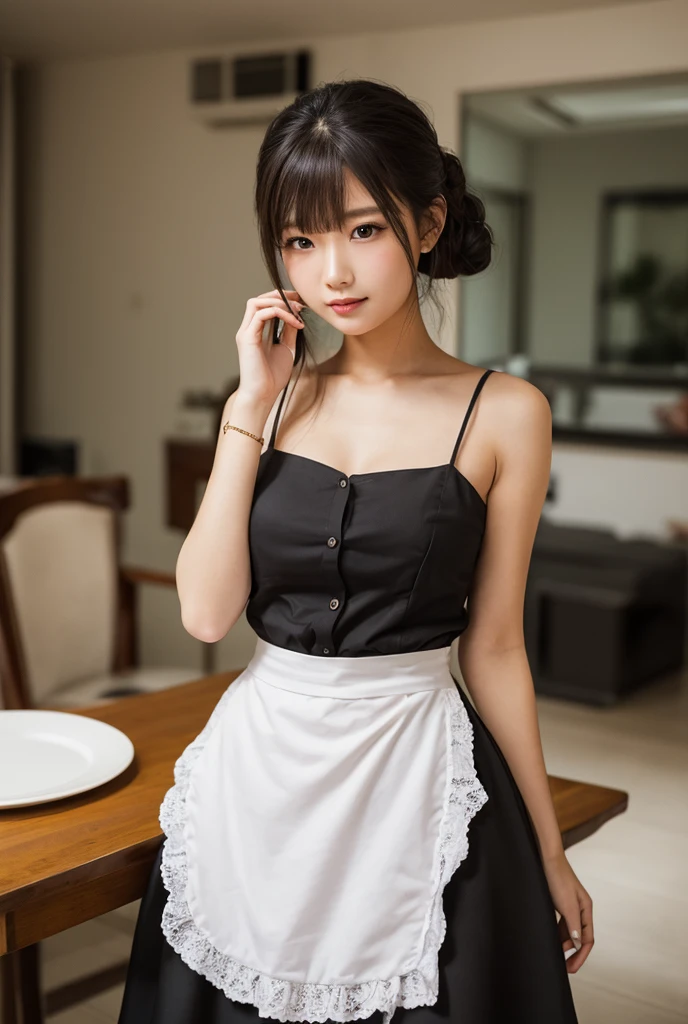 (One woman), Great face and eyes, blue eyes, Captivating smile, (Wide open maid cafe costume:1.2), (Stunningly beautiful woman), (Highest quality:1.4), (Very detailedな), (Very detailed CG 統合 8k 壁紙), Very detailed, High-quality RAW color photos, Professional photography, Written boundary depth, 、((cut vegetables with a knife:1.5))、Big Breasts、Long wavy brown hair、(((Japanese:1.5)))