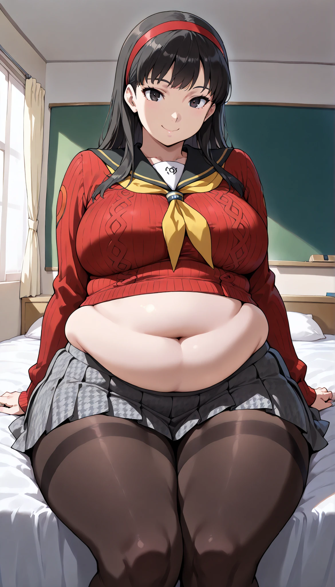 (((1girl, solo))), yukari takeba, belly overhang, ankles tied together with rope, wrists tied together with rope, arms raised above head, hands, fluffy hair, wearing black thigh highs, bedroom background, ((girl is blushing, she has an expression of pure pleasure and euphoria, standing upright, hands and wrists are being suspended and tied together by a black rope, her hands and wrists are touching and are wrapped in rope and are being lifted above her head by the rope)), she has brown hair, she has la short hair cut, (((her mouth is open and her tongue is out, she is panting))), ((her belly is very full and large, massive growing fat belly, gigantic obese belly)), on the bed there is multiple empty doughnut boxes, there is pink frosting on her white shirt and belly, she has hearts in her eyes, her belly is jiggling, she is quivering,((she is wearing a black skirt and black thigh high leggings)), wearing red bow around neck, wearing a white shirt, she is moaning with pleasure, her eyes are looking upward, (she is kneeling on a bed, she is on a bed), she is eating a donut, insertion mouth pink donut, her mouth is open, ahegao